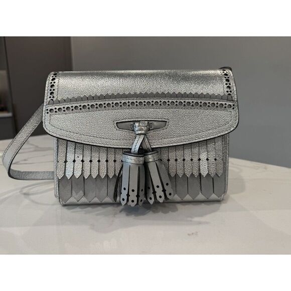 Burberry Broguing Tassel Macken Crossbody in Silver Metallic Grainy Calfskin - Picture 1 of 13